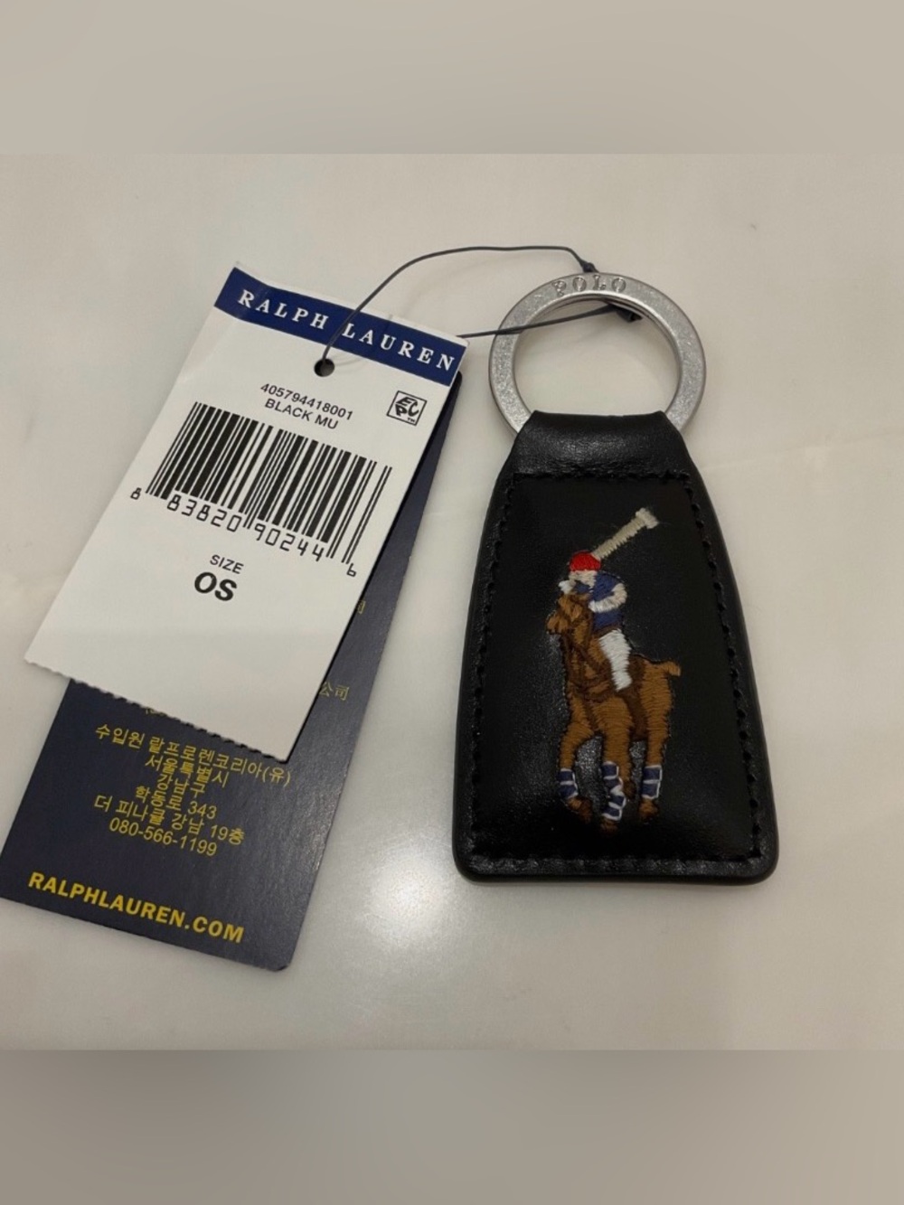 NEW Polo Ralph Lauren Leather Embroidered POLO PLAYER Key Ring Keychain - BLACK
